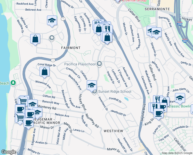 map of restaurants, bars, coffee shops, grocery stores, and more near 627 Hickey Boulevard in Pacifica