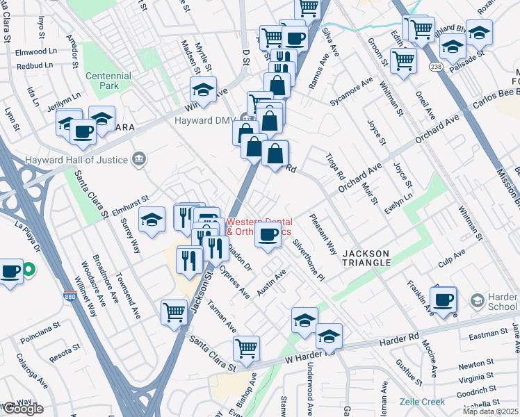 map of restaurants, bars, coffee shops, grocery stores, and more near 56 Regency Place in Hayward