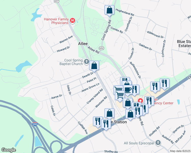 map of restaurants, bars, coffee shops, grocery stores, and more near 9024 Pelot Place in Mechanicsville