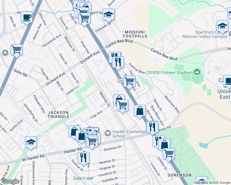 map of restaurants, bars, coffee shops, grocery stores, and more near 25417 Mission Boulevard in Hayward