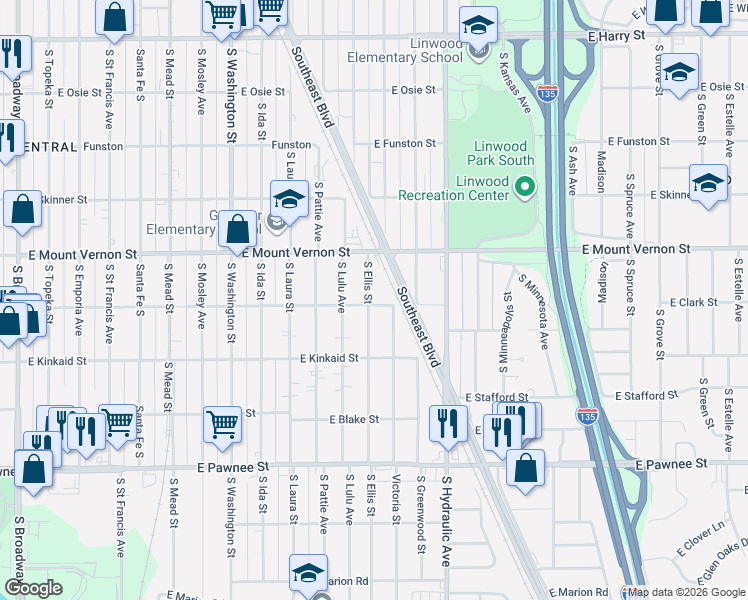 map of restaurants, bars, coffee shops, grocery stores, and more near 2042 South Ellis Street in Wichita