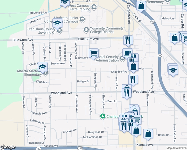 map of restaurants, bars, coffee shops, grocery stores, and more near 2000 Shaddox Avenue in Modesto