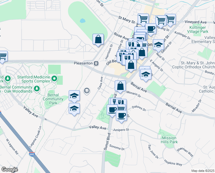 map of restaurants, bars, coffee shops, grocery stores, and more near 4866 Bernal Avenue in Pleasanton