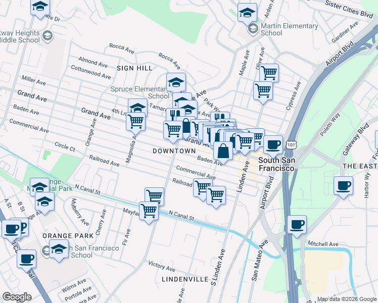 map of restaurants, bars, coffee shops, grocery stores, and more near 455 Grand Avenue in South San Francisco