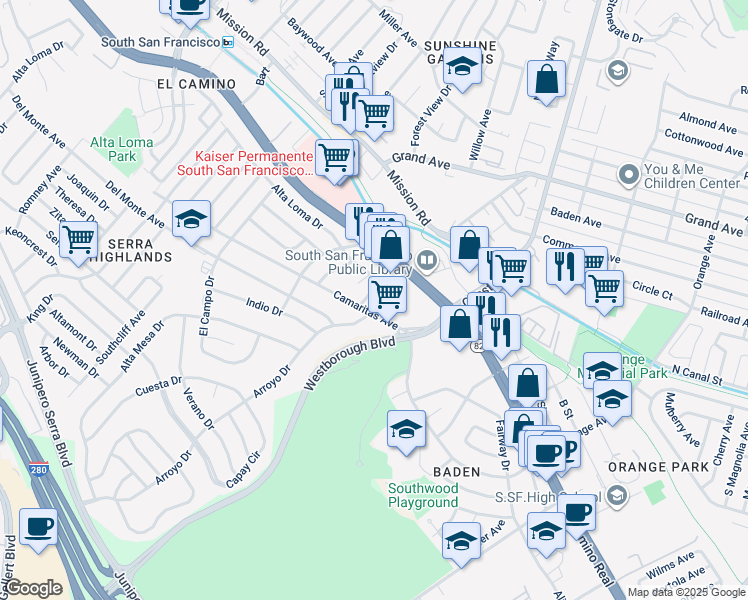 map of restaurants, bars, coffee shops, grocery stores, and more near 106 Alta Loma Drive in South San Francisco