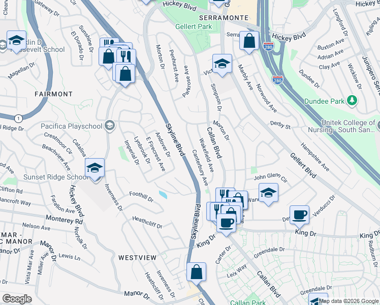 map of restaurants, bars, coffee shops, grocery stores, and more near 34 Canterbury Avenue in Daly City