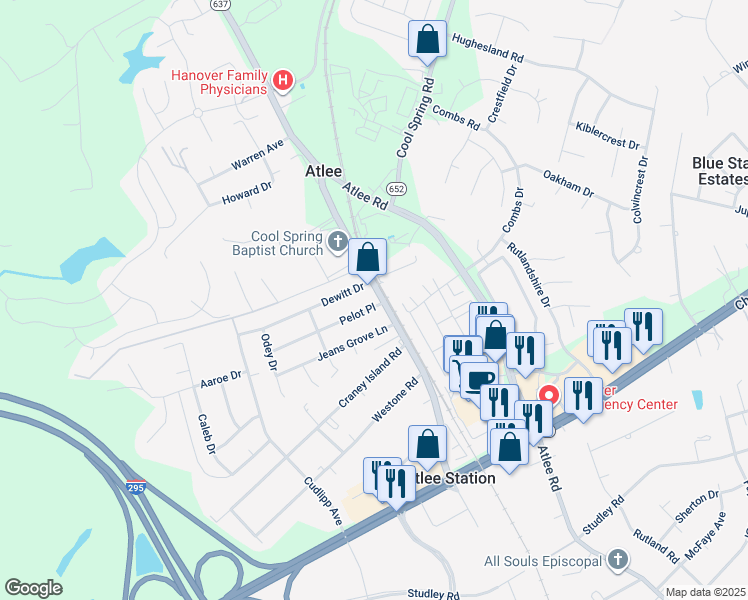 map of restaurants, bars, coffee shops, grocery stores, and more near 9024 Pelot Place in Mechanicsville