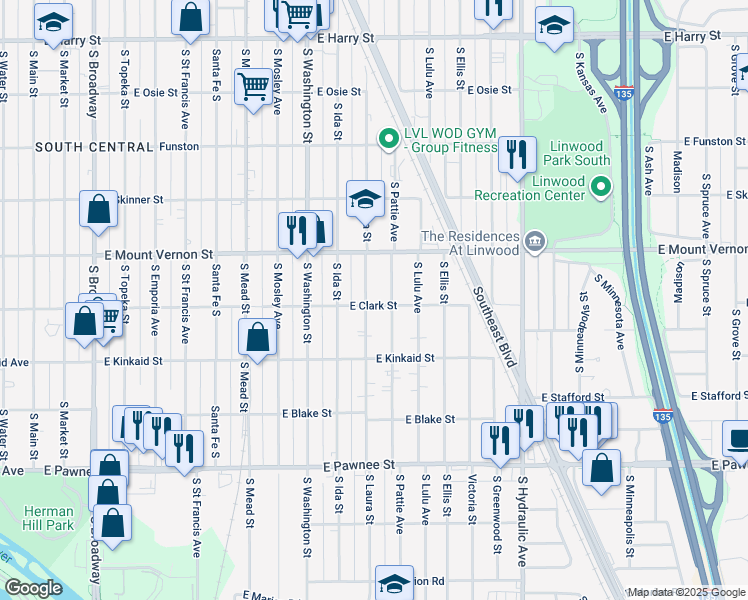 map of restaurants, bars, coffee shops, grocery stores, and more near 2037 South Pattie Street in Wichita