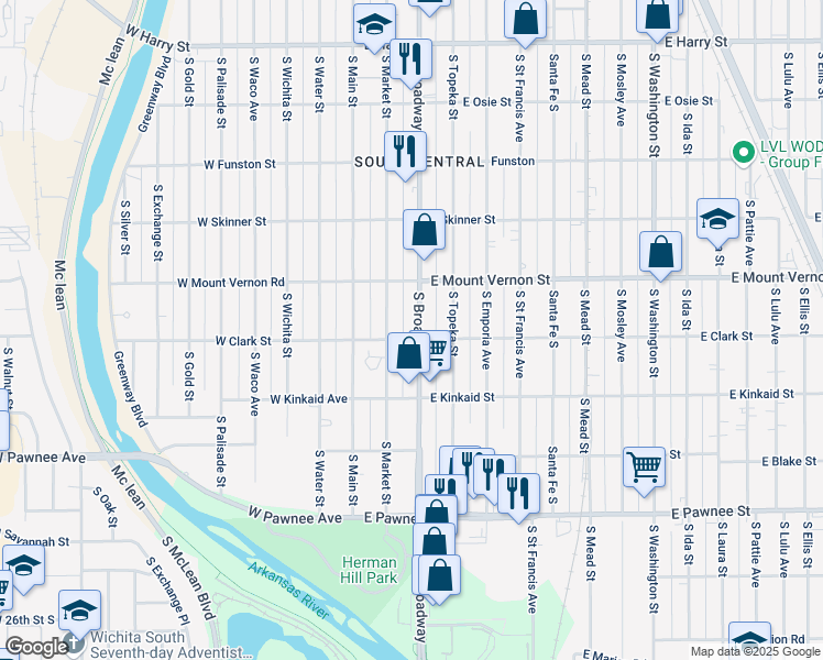 map of restaurants, bars, coffee shops, grocery stores, and more near 2030 South Market Street in Wichita
