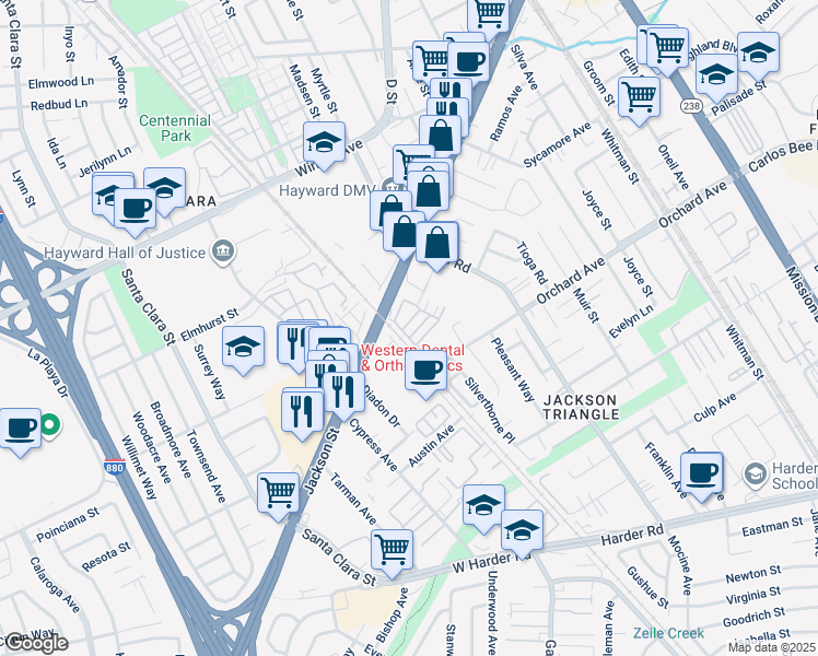 map of restaurants, bars, coffee shops, grocery stores, and more near 75 Middleton Place in Hayward