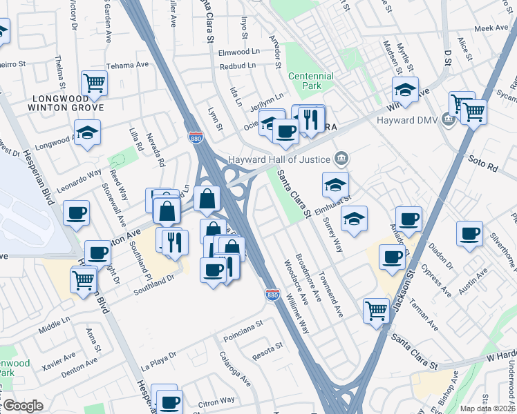 map of restaurants, bars, coffee shops, grocery stores, and more near 24282 Willimet Way in Hayward