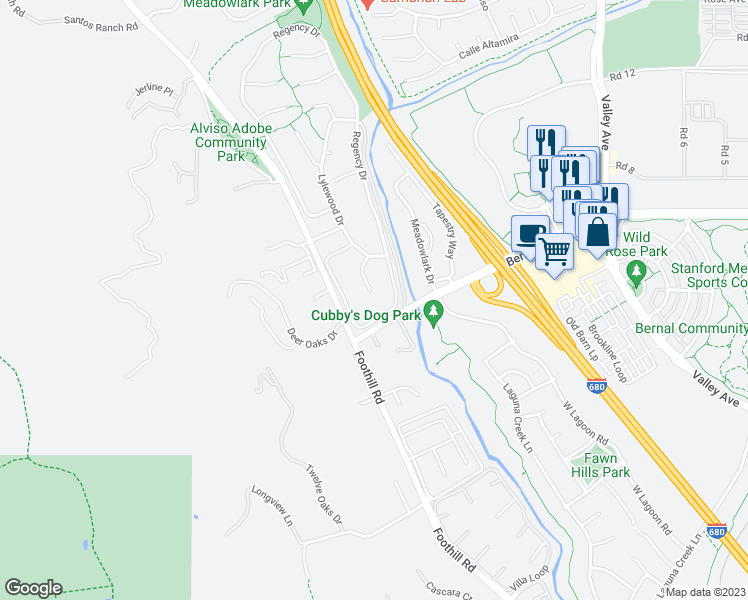map of restaurants, bars, coffee shops, grocery stores, and more near 2577 Arlotta Place in Pleasanton