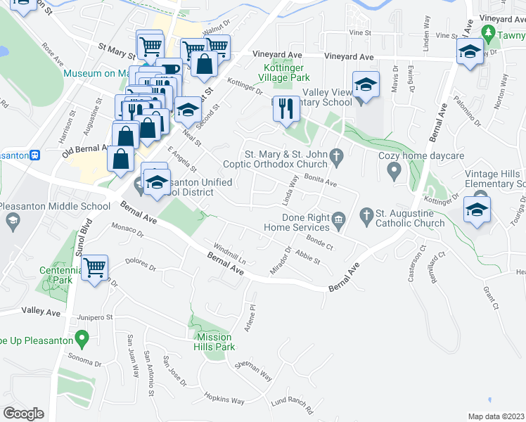 map of restaurants, bars, coffee shops, grocery stores, and more near 627 East Angela Street in Pleasanton