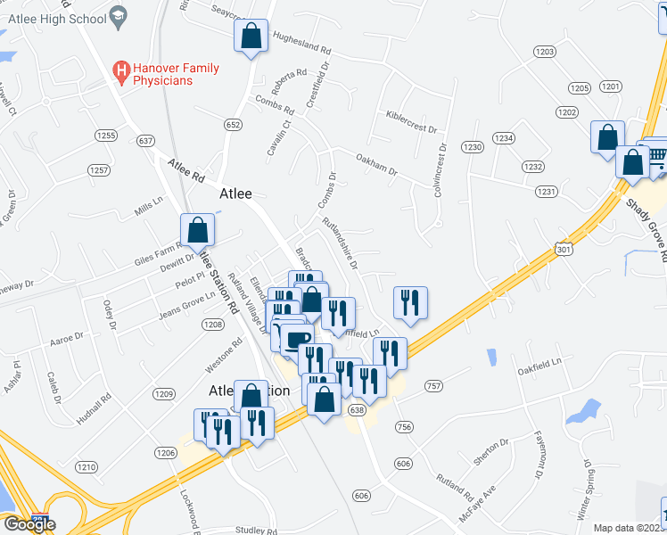 map of restaurants, bars, coffee shops, grocery stores, and more near 8063 Belton Circle in Mechanicsville