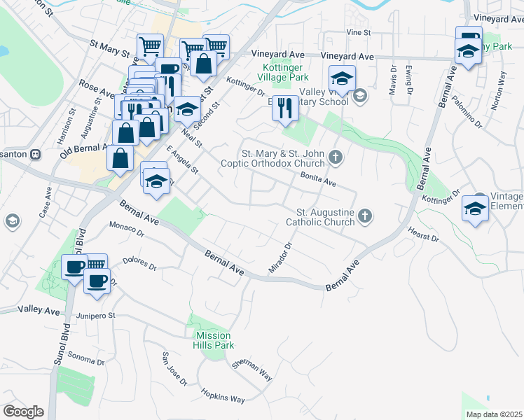map of restaurants, bars, coffee shops, grocery stores, and more near 627 East Angela Street in Pleasanton