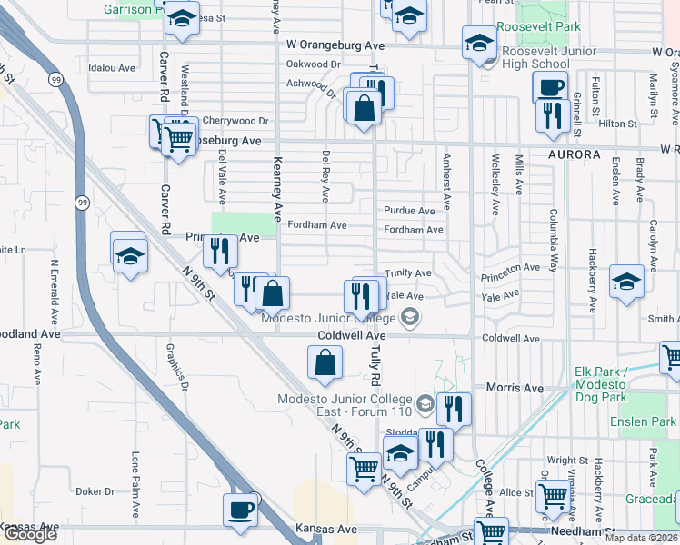 map of restaurants, bars, coffee shops, grocery stores, and more near 805 Tully Road in Modesto