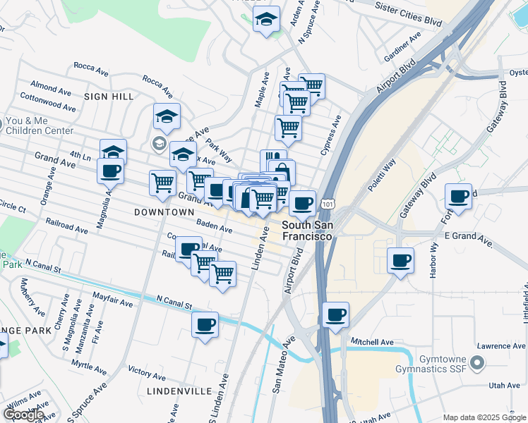 map of restaurants, bars, coffee shops, grocery stores, and more near 313 Miller Avenue in South San Francisco