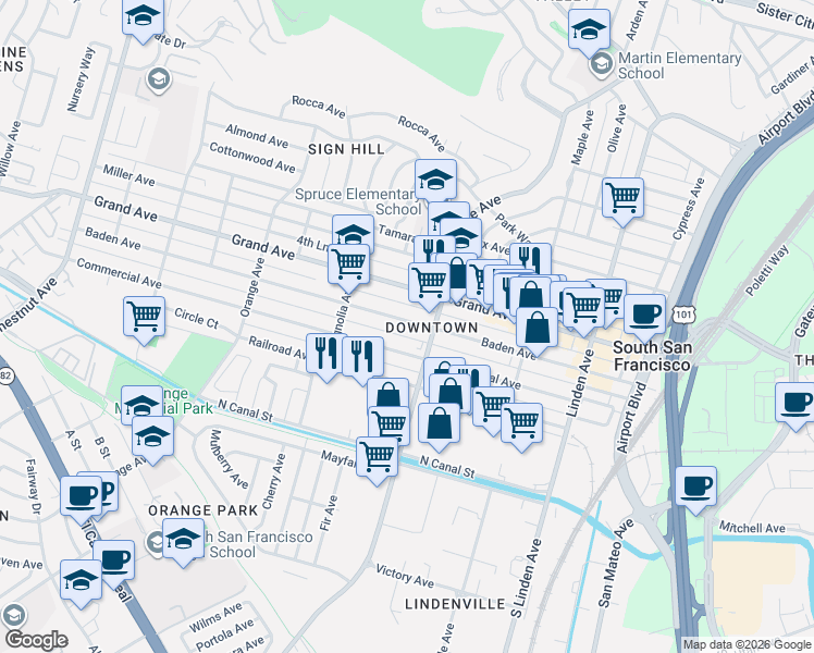 map of restaurants, bars, coffee shops, grocery stores, and more near 540 Baden Avenue in South San Francisco