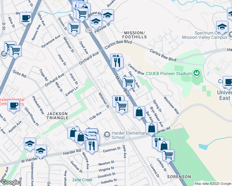 map of restaurants, bars, coffee shops, grocery stores, and more near 25353 Custom Drive in Hayward