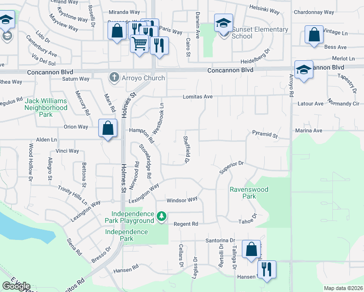 map of restaurants, bars, coffee shops, grocery stores, and more near 2393 Sheffield Drive in Livermore