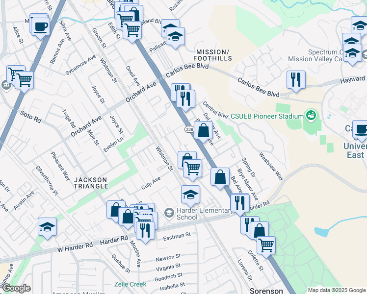 map of restaurants, bars, coffee shops, grocery stores, and more near 25353 Custom Drive in Hayward