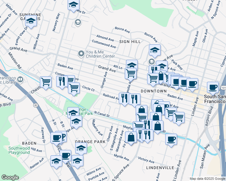 map of restaurants, bars, coffee shops, grocery stores, and more near 654 Commercial Avenue in South San Francisco