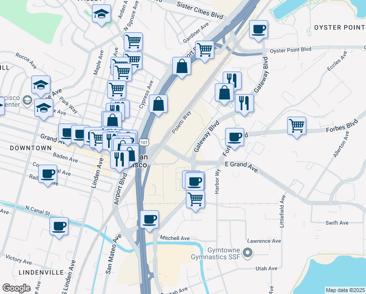 map of restaurants, bars, coffee shops, grocery stores, and more near 201 Gateway Boulevard in South San Francisco