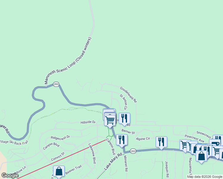 map of restaurants, bars, coffee shops, grocery stores, and more near 134 Mammoth Knolls Drive in Mammoth Lakes