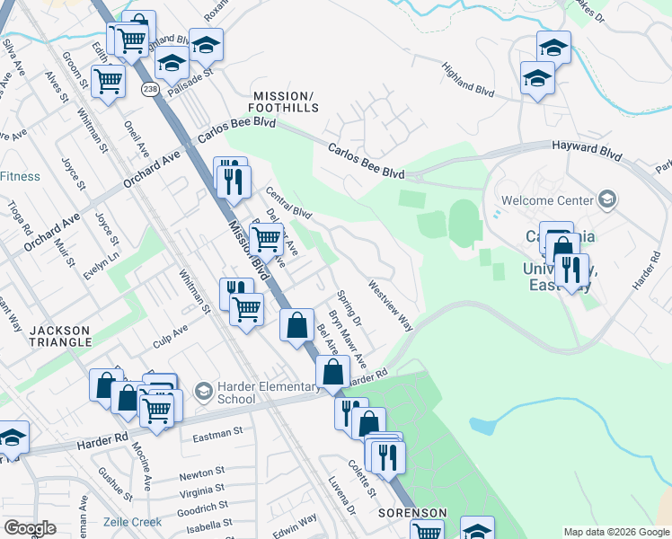 map of restaurants, bars, coffee shops, grocery stores, and more near 25648 Spring Drive in Hayward