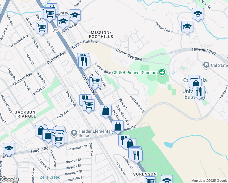 map of restaurants, bars, coffee shops, grocery stores, and more near 25648 Spring Drive in Hayward