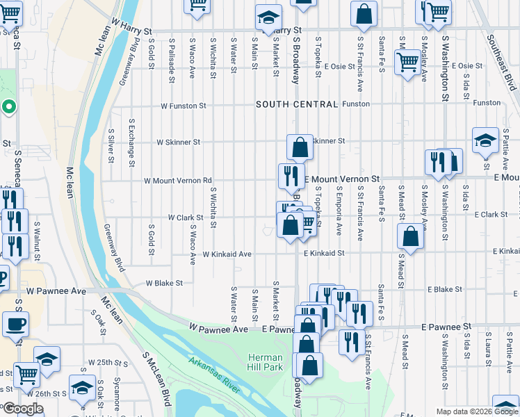 map of restaurants, bars, coffee shops, grocery stores, and more near 2034 South Main Street in Wichita