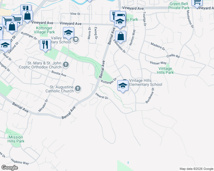 map of restaurants, bars, coffee shops, grocery stores, and more near 1121 Kottinger Drive in Pleasanton