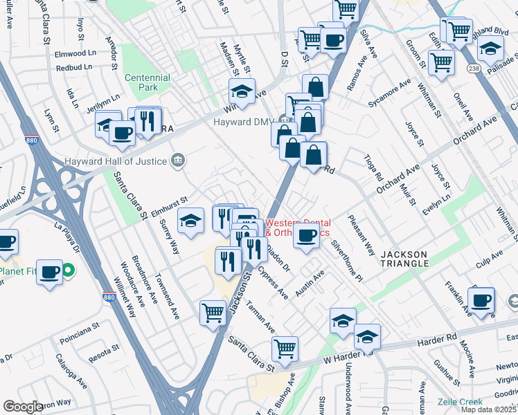 map of restaurants, bars, coffee shops, grocery stores, and more near 24548 Autumn Mist Way in Hayward