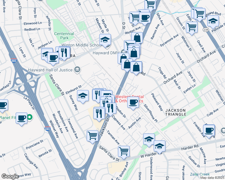 map of restaurants, bars, coffee shops, grocery stores, and more near 24548 Autumn Mist Way in Hayward