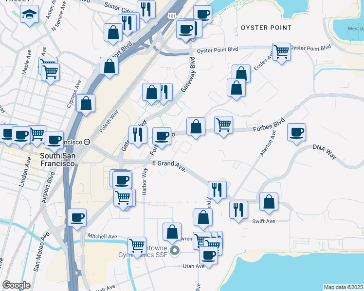 map of restaurants, bars, coffee shops, grocery stores, and more near 328 Roebling Road in South San Francisco