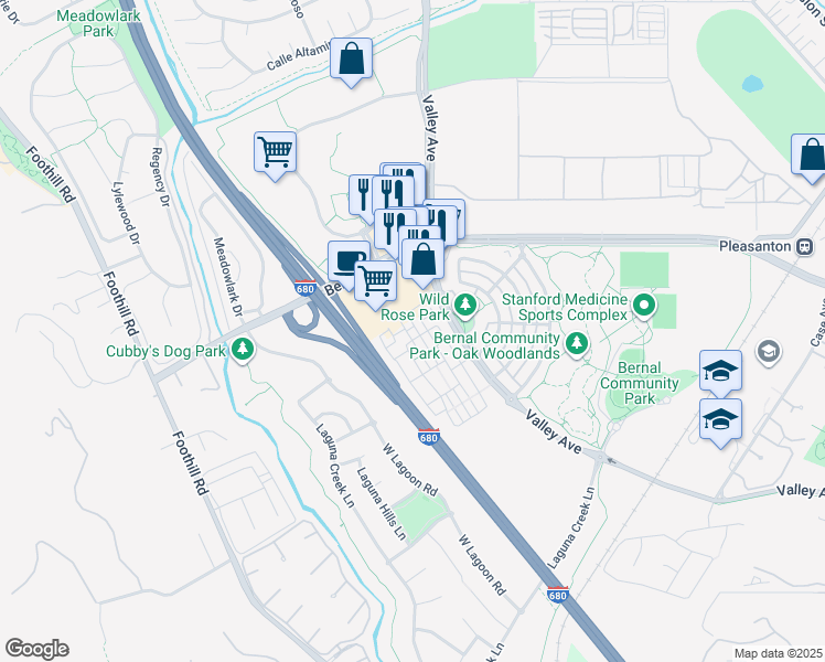 map of restaurants, bars, coffee shops, grocery stores, and more near 1612 Lexington Lane in Pleasanton