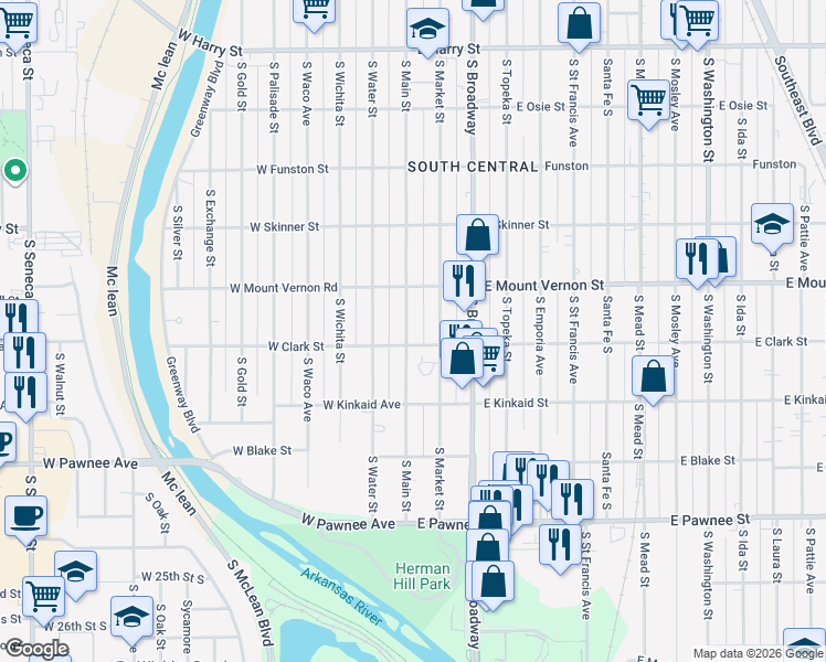map of restaurants, bars, coffee shops, grocery stores, and more near 2034 South Main Street in Wichita