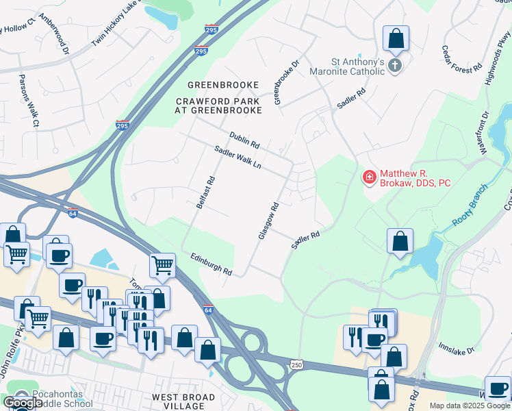 map of restaurants, bars, coffee shops, grocery stores, and more near 4350 Glasgow Road in Glen Allen