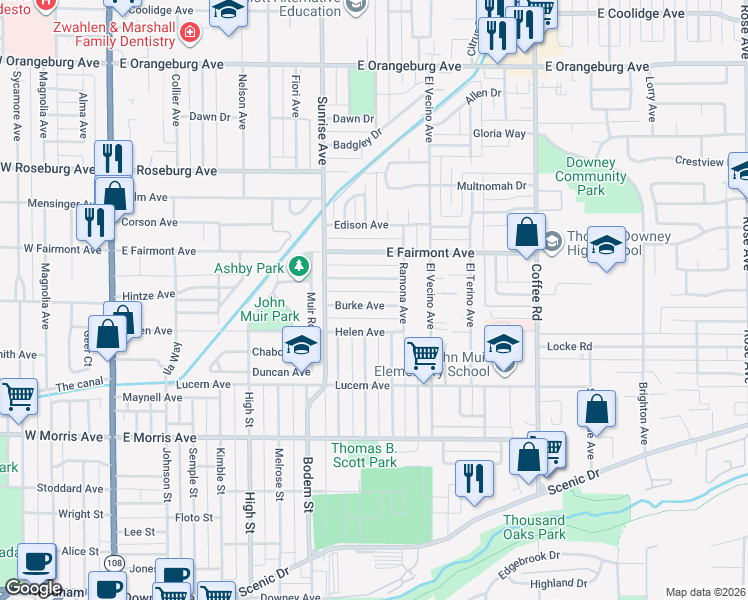 map of restaurants, bars, coffee shops, grocery stores, and more near 907 Burke Avenue in Modesto