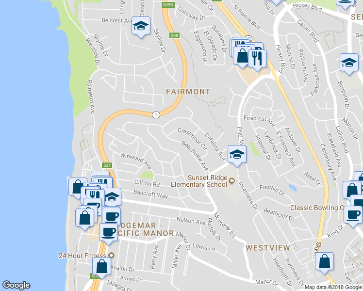 map of restaurants, bars, coffee shops, grocery stores, and more near 170 Beachview Avenue in Pacifica