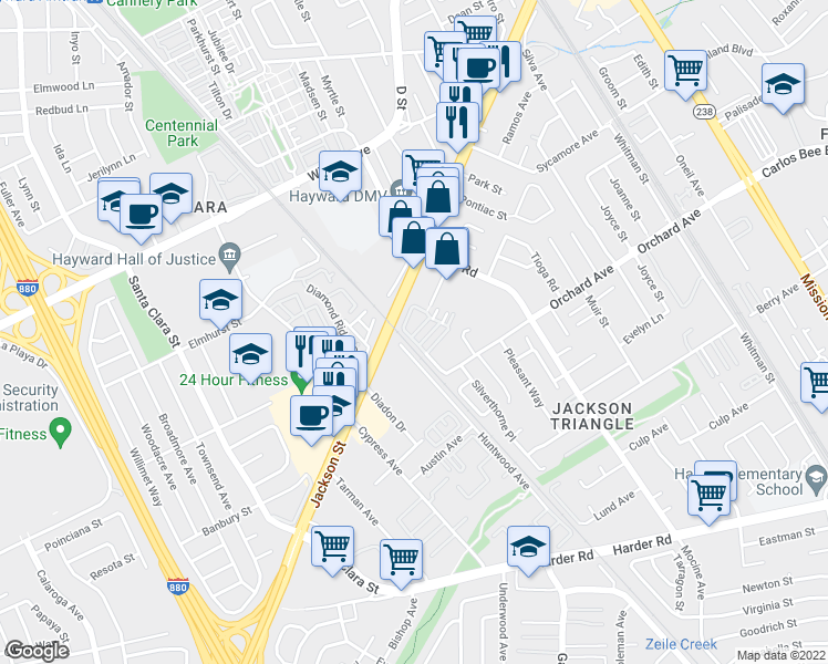 map of restaurants, bars, coffee shops, grocery stores, and more near 90 Middleton Place in Hayward