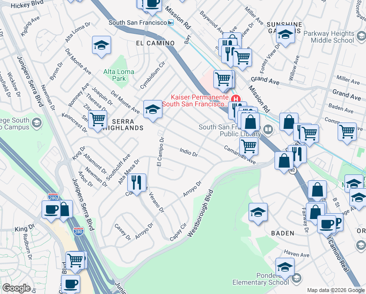 map of restaurants, bars, coffee shops, grocery stores, and more near 212 Indio Drive in South San Francisco