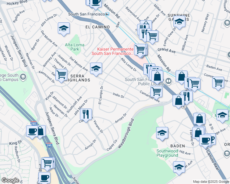 map of restaurants, bars, coffee shops, grocery stores, and more near 212 Indio Drive in South San Francisco