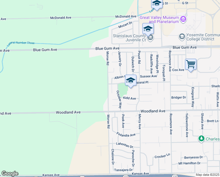map of restaurants, bars, coffee shops, grocery stores, and more near 1421 July Court in Modesto
