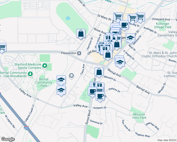 map of restaurants, bars, coffee shops, grocery stores, and more near 4890 Bernal Avenue in Pleasanton