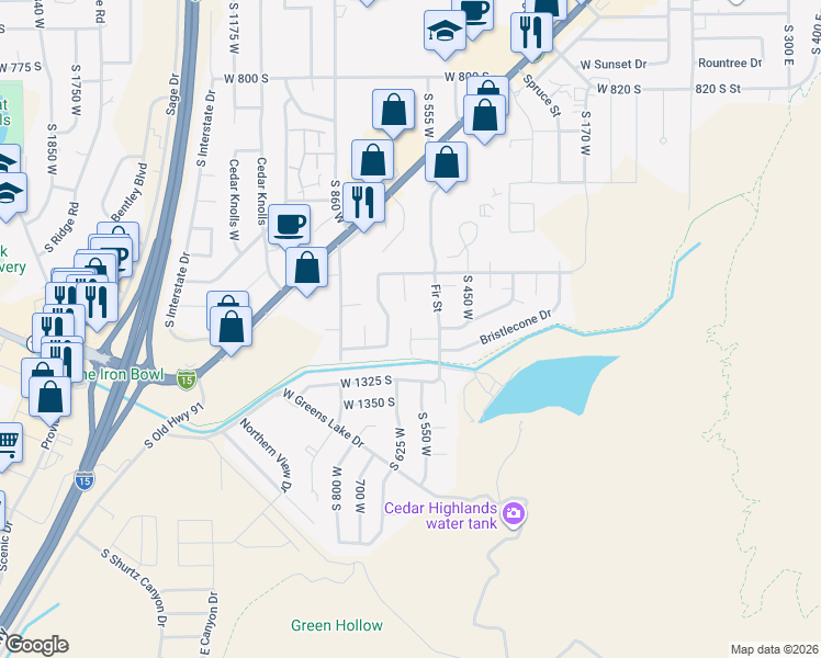 map of restaurants, bars, coffee shops, grocery stores, and more near 1265 Pinewood Way in Cedar City