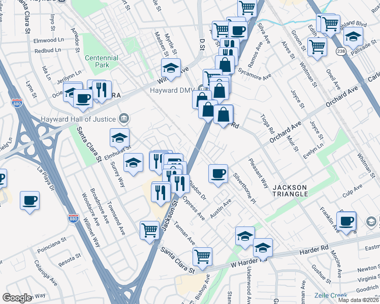 map of restaurants, bars, coffee shops, grocery stores, and more near 213 Spring Harvest Road in Hayward