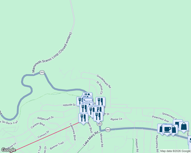 map of restaurants, bars, coffee shops, grocery stores, and more near 134 Mammoth Knolls Drive in Mammoth Lakes