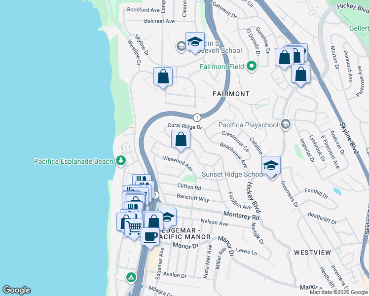 map of restaurants, bars, coffee shops, grocery stores, and more near 320 Beaumont Boulevard in Pacifica