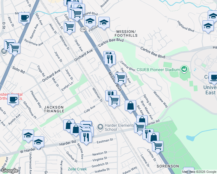 map of restaurants, bars, coffee shops, grocery stores, and more near 25345 Custom Drive in Hayward